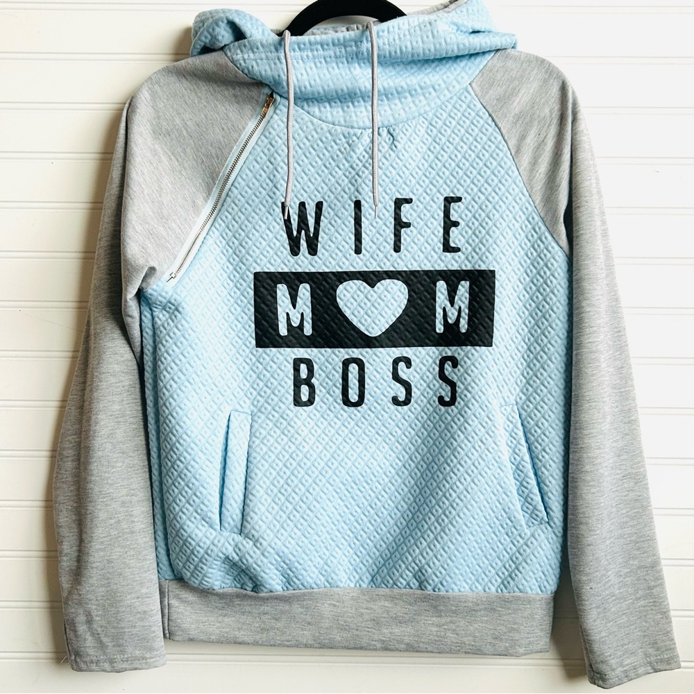 Womens Hoodie WIFE - MOM - BOSS Gray & light blue